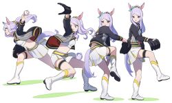 Rule 34 | 1girl, alternate costume, animal ears, ball, baseball, baseball glove, boots, bow, clenched teeth, commentary request, concentrating, ear ribbon, from side, frown, full body, highres, horse ears, horse girl, horse tail, jacket, leg up, long hair, mejiro mcqueen (umamusume), midriff, miniskirt, motion blur, multiple views, nishiki kazue, open clothes, open jacket, parted lips, pitching, ponytail, purple eyes, purple hair, sidelocks, skirt, standing, standing on one leg, swept bangs, tail, teeth, thigh strap, throwing, umamusume, white background, white footwear, white skirt, wide-eyed