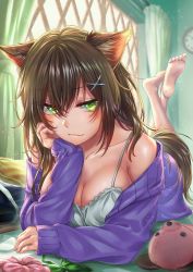 Rule 34 | 1girl, absurdres, animal ears, barefoot, bed sheet, blush, breasts, brown hair, cat ears, cleavage, commentary request, green eyes, hair between eyes, hair ornament, hand on own cheek, hand on own face, head rest, highres, indoors, large breasts, long hair, looking at viewer, lying, off shoulder, on back, original, routo (rot 0), scrunchie, solo, x hair ornament