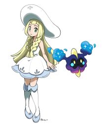 Rule 34 | 1girl, 6u6y iii, bad id, bad pixiv id, blonde hair, blue footwear, blunt bangs, braid, collared dress, commentary, cosmog, creatures (company), dress, eyelashes, game freak, gen 7 pokemon, green eyes, hat, highres, legendary pokemon, lillie (pokemon), long hair, looking at viewer, nintendo, over-kneehighs, parted lips, pokemon, pokemon (creature), pokemon sm, shoes, sleeveless, sleeveless dress, sun hat, sundress, thighhighs, twin braids, white background, white dress, white headwear, white thighhighs