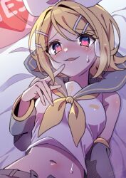 Rule 34 | 1girl, bare shoulders, blonde hair, blue eyes, blush, bow, breasts, detached sleeves, hair bow, hair ornament, hairclip, headphones, headset, heart, heart-shaped pupils, highres, kagamine rin, lying, medium breasts, midriff, naughty face, navel, neckerchief, on back, on bed, open fly, parted lips, sailor collar, shirt, short hair, sleeveless, sleeveless shirt, smile, solo, sweat, sweatdrop, swept bangs, symbol-shaped pupils, tounoki po, treble clef, upper body, vocaloid, white bow, yellow neckerchief, yes-no pillow