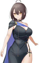 Rule 34 | ahoge, asymmetrical clothes, azur lane, baltimore (azur lane), baltimore (evening breeze minuet) (azur lane), black dress, blue cape, braid, breasts, brown hair, cape, cleavage, dress, evening gown, highres, large breasts, looking at viewer, mashiro03, official alternate costume, short hair, single bare shoulder, skindentation, solo, yellow eyes