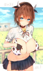 Rule 34 | 1girl, 2021, absurdres, animal costume, animal ears, animal print, artist name, bell, bikini, black skirt, blue eyes, blurry, blurry background, blush, breast hold, breasts, brown hair, chinese zodiac, collar, cow costume, cow ears, cow girl, cow horns, cow print, cowbell, cowboy shot, depth of field, ear tag, fake horns, gloves, hairband, half gloves, highres, horns, huge breasts, looking at viewer, navel, neck bell, o-ring, original, outdoors, pleated skirt, print bikini, shirt, short hair, shrug (clothing), skirt, smile, solo, sune (mugendai), swimsuit, white shirt, year of the ox