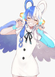 Rule 34 | 1girl, asymmetrical wings, blue hair, blue nails, blush, claw pose, closed eyes, dress, facing viewer, grin, hair ornament, hair rings, highres, hololive, hoshimachi suisei, long hair, mismatched wings, multicolored hair, nail, nail polish, neck ribbon, one piece, one piece film: red, ribbon, saco (cgmore), simple background, smile, solo, split-color hair, standing, two-tone hair, uta (one piece), virtual youtuber, white background, white dress, white hair