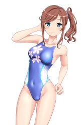 Rule 34 | 1girl, absurdres, blue eyes, blue one-piece swimsuit, breasts, brown hair, competition swimsuit, covered navel, floral print, hair ornament, hair scrunchie, high school fleet, highleg, highleg swimsuit, highres, ise sakura, long hair, looking at viewer, medium breasts, multicolored clothes, multicolored swimsuit, one-piece swimsuit, scrunchie, side ponytail, simple background, solo, standing, swimsuit, takafumi, variant set, white background