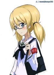 Rule 34 | 10s, 1girl, alternate hairstyle, armband, artist name, bag, bespectacled, black-framed eyewear, black neckerchief, blonde hair, blouse, blue eyes, blush, carrying, closed mouth, commentary, cosplay, darjeeling (girls und panzer), girls und panzer, glasses, hair tie, kayabakoro, light blush, long hair, long sleeves, looking at viewer, neckerchief, one-hour drawing challenge, ooarai school uniform, ou taiga, ou taiga (cosplay), satchel, school uniform, serafuku, shirt, simple background, smile, solo, standing, twintails, twitter username, upper body, white background, white shirt