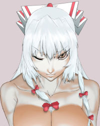 Rule 34 | 1girl, acht auber, between breasts, breasts, brown eyes, close-up, female focus, from above, fujiwara no mokou, hair ribbon, kokorozashi takashi, long hair, looking up, nude, one eye closed, ribbon, silver hair, simple background, smile, solo, touhou, wink