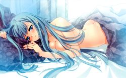 Rule 34 | 1girl, absurdres, afterglow, ass, bed sheet, blanket, blue eyes, blue hair, blush, breast press, breasts, butt crack, carnelian, cleavage, highres, huge filesize, long hair, looking at viewer, lying, matching hair/eyes, naked sheet, nude, on stomach, para-sol, pillow, solo, yatabe noa