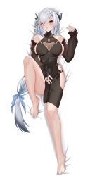 Rule 34 | 1girl, :o, absurdres, bare legs, bare shoulders, barefoot, bed sheet, black dress, blue eyes, blue nails, blush, braid, breasts, bright pupils, dakimakura (medium), detached sleeves, dress, feet, full body, genshin impact, grey hair, hair ornament, highres, katal, knee up, large breasts, legs, long hair, long sleeves, looking at viewer, lying, nail polish, official alternate costume, on back, open mouth, parted lips, shenhe (frostflower dew) (genshin impact), shenhe (genshin impact), sideboob, sleeveless, sleeveless dress, solo, thighs, toenail polish, toenails, toes, very long hair, white hair, white pupils