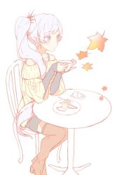 Rule 34 | 1girl, black thighhighs, blue eyes, boots, casual, earrings, female focus, izumi sai, jewelry, leaf, long hair, looking away, maple leaf, pale color, partially colored, plant, rwby, side ponytail, simple background, sitting, sketch, sleeves past wrists, solo, thigh boots, thighhighs, very long hair, weiss schnee, white background, white hair