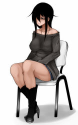 Rule 34 | 1girl, 3:, aoshima, bags under eyes, black eyes, black footwear, black hair, boots, breasts, chair, collarbone, depressed, empty eyes, frown, full body, hair over one eye, high heel boots, high heels, highres, large breasts, legs, lips, lipstick, long hair, makeup, off-shoulder shirt, off shoulder, original, sad, shirt, short shorts, shorts, sitting, solo