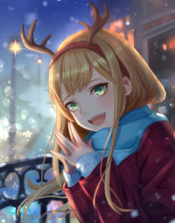 Rule 34 | 1girl, :d, antlers, blonde hair, blurry, blurry background, christmas, commentary, green eyes, hair ornament, happy, highres, horns, jacket, lamp, long hair, long sleeves, looking at viewer, night, open mouth, original, outdoors, own hands together, red jacket, reindeer antlers, scarf, sidelocks, smile, snow, solo, sweater, teeth, upper teeth only, wei xiao, winter clothes