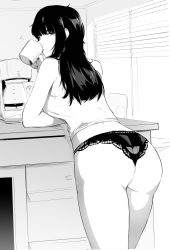 Rule 34 | 1girl, arm support, ass, bare arms, bare shoulders, blunt bangs, breasts, coffee maker, coffee mug, cowboy shot, cup, drinking, from behind, greyscale, half-closed eyes, highres, holding, holding cup, indoors, leaning forward, long hair, looking at viewer, looking back, lynus, medium breasts, monochrome, mug, naoko (lynus), no pants, original, panties, solo, table, underwear, window, window blinds, window shutter