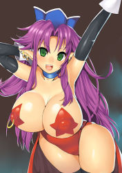 Rule 34 | 1girl, angela (seiken densetsu 3), areola piercing, armpits, bad id, bad pixiv id, black thighhighs, breasts, choker, covered erect nipples, earrings, elbow gloves, gloves, green eyes, hat, huge breasts, inverted nipples, jewelry, leotard, long hair, nagase haruhito, nipple piercing, nipple rings, nipples, open mouth, pasties, piercing, piercing through clothes, pointy ears, purple hair, seiken densetsu, seiken densetsu 3, solo, square enix, star (symbol), star pasties, thighhighs, topless