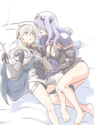 Rule 34 | 2girls, armor, barefoot, black armor, black panties, blush, breasts, camilla (fire emblem), cape, cleavage, commentary, corrin (female) (fire emblem), corrin (fire emblem), fire emblem, fire emblem fates, flauschtraut, gloves, hairband, large breasts, long hair, looking at another, lying, multiple girls, nintendo, no pants, on back, open mouth, panties, pillow, pointy ears, purple hair, red eyes, silver hair, underwear, wavy hair, yuri