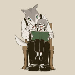 Rule 34 | 2boys, absurdres, animal head, avogado6, black pants, blue eyes, book, chair, child, closed eyes, closed mouth, commentary request, furry, furry male, grey hair, highres, holding, holding book, male focus, multiple boys, neck ribbon, on chair, open book, original, pants, pointing, red ribbon, ribbon, shirt, sitting, sitting on lap, sitting on person, smile, suspenders, tail, u u, white shirt, wolf
