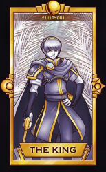 Rule 34 | 1boy, armor, belt, belt buckle, black border, border, bracer, brooch, buckle, cloak, closed mouth, commentary, crescent, english commentary, english text, feet out of frame, fire emblem, fire emblem: mystery of the emblem, hairband, hand on own hip, high collar, holding, holding sword, holding weapon, jewelry, limited palette, male focus, marth (fire emblem), nintendo, palm leaf, pants, quas-quas, short hair, short sleeves, shoulder pads, smash ball, smile, solo, star (symbol), super smash bros., sword, tarot, tarot (medium), weapon, yellow hairband, yellow trim