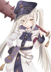 Rule 34 | 1girl, absurdres, akahaneko, belt, blush, breasts, character request, club (weapon), grey hair, hair between eyes, hair ornament, hat, highres, long hair, looking at viewer, princess connect!, ribbon, sharp teeth, simple background, small breasts, solo, teeth, twintails, uniform, weapon, white background, yellow eyes