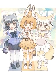 Rule 34 | 10s, 3girls, :3, :d, animal ear fluff, animal ears, black eyes, black hair, black neckwear, black skirt, blonde hair, blunt bangs, bow, bowtie, brown eyes, center frills, commentary request, common raccoon (kemono friends), double w, elbow gloves, fang, fangs, fennec (kemono friends), fox ears, fox tail, frills, full body, fur collar, fur trim, gloves, grey hair, high-waist skirt, highres, kemono friends, kolshica, looking at viewer, multicolored hair, multiple girls, open mouth, pantyhose, pleated skirt, print legwear, print neckwear, print skirt, puffy short sleeves, puffy sleeves, raccoon ears, raccoon tail, serval (kemono friends), serval print, serval tail, shoes, short hair, short sleeves, skirt, smile, tail, thighhighs, w, white hair, white skirt, yellow eyes, yellow neckwear