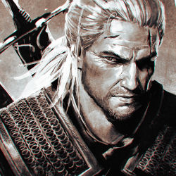 Rule 34 | 1boy, armor, bad id, bad tumblr id, chainmail, chromatic aberration, facial hair, geralt of rivia, ilya kuvshinov, male focus, manly, monochrome, ponytail, portrait, scar, solo, stubble, sword, the witcher (series), the witcher 3, upper body, weapon