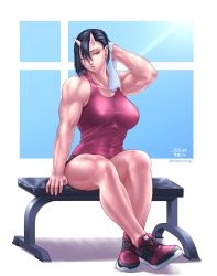 Rule 34 | abs, bench, black hair, breasts, earrings, elf-san wa yaserarenai., highres, horns, jewelry, large breasts, looking to the side, muscular, muscular female, oga (elf-san wa yaserarenai.), one eye closed, open mouth, pointy ears, red eyes, shoes, shorts, solo, sweat, taikyokuturugi, tank top, towel, veins