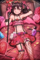 Rule 34 | 10s, 1girl, :q, arm up, bandeau, black hair, blush, bottle, bow, demon horns, demon tail, demon wings, earrings, fishnet thighhighs, fishnets, flat chest, floral print, flower, free style (yohan1754), frills, garter straps, gloves, hair between eyes, hair bow, hair ornament, hairclip, heart, heart-shaped pillow, heart tattoo, highres, horns, jewelry, looking at viewer, love live!, love live! school idol festival, love live! school idol project, lying, navel, on back, perfume bottle, petals, pillow, pink gloves, polearm, polka dot, red eyes, short hair, skirt, smile, solo, strapless, suspenders, tail, tattoo, thighhighs, tiara, tongue, tongue out, trident, tube top, twintails, weapon, wings, yazawa nico