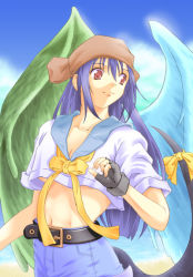 Rule 34 | 1girl, arc system works, asymmetrical wings, belt, blue hair, blue sailor collar, dizzy (guilty gear), guilty gear, guilty gear xx, pirate, red eyes, ribbon, sailor collar, solo, tail, tail ornament, tail ribbon, wings