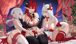 Rule 34 | 3girls, absurdres, ahoge, antlers, ass, azur lane, bare shoulders, bikini, black choker, black gloves, black hairband, black horns, black panties, black thighhighs, blush, bow, box, breasts, chinese commentary, choker, christmas, christmas tree, cleavage, commentary request, curled horns, demon tail, demon wings, fake antlers, flandre (azur lane), fork, garter straps, gift, gift box, gloves, grey eyes, hair between eyes, hair bow, hairband, hand on another&#039;s chin, hands up, highres, hindenburg (azur lane), holding, holding fork, holding hands, horns, karinto yamada, kearsarge (azur lane), lace, lace-trimmed thighhighs, lace trim, large breasts, lips, long hair, looking at viewer, low twintails, mole, mole under eye, multiple girls, navel, night, night sky, panties, parted lips, pink bow, pointy ears, red bikini, red bow, red eyes, red gloves, red hair, reindeer antlers, santa bikini, santa costume, seductive smile, sitting, sky, smile, smug, star (sky), starry sky, stomach, swimsuit, tail, thighhighs, twintails, underwear, very long hair, white garter straps, white gloves, white hair, white headwear, white thighhighs, wings