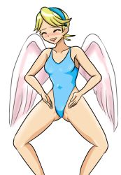 Rule 34 | 1girl, angel wings, bare shoulders, blonde hair, blush, breasts, breath of fire, breath of fire iv, closed eyes, hairband, leotard, meme, nina (breath of fire iv), open mouth, short hair, smile, solo, swimsuit, white background, white wings, wings