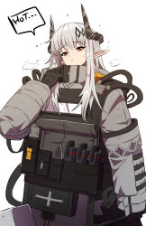 Rule 34 | 1girl, absurdres, arknights, bags under eyes, black gloves, blush, commentary, cowboy shot, demon horns, english commentary, english text, furrowed brow, gloves, grey hair, grey jumpsuit, hair ornament, hammer, highres, holding, holding hammer, horns, hot, jumpsuit, long hair, looking at viewer, mudrock (arknights), no headwear, parted lips, pointy ears, red eyes, samacho, sidelocks, simple background, sledgehammer, solo, speech bubble, standing, sweat, white background