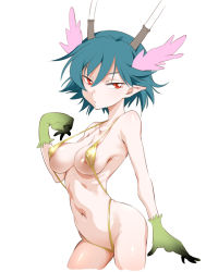 Rule 34 | 1girl, blue hair, breasts, c (control), female focus, funnyari, gloves, horns, large breasts, navel, pointy ears, q (control), red eyes, short hair, simple background, slingshot swimsuit, solo, swimsuit, white background