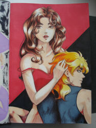Rule 34 | 1boy, 1girl, auralime, black skirt, blonde hair, breasts, brown eyes, brown hair, dio brando, earrings, giorno&#039;s mother, hand on another&#039;s head, hetero, jewelry, jojo no kimyou na bouken, long hair, looking to the side, makeup, medium breasts, photo (medium), pink lips, skirt, smile, third-party source, vento aureo