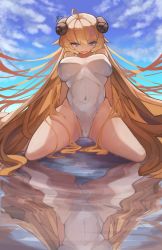 Rule 34 | 1girl, absurdres, ahoge, arms behind back, blonde hair, breasts, covered navel, curled horns, dot nose, fang, hair ornament, hairclip, highres, hololive, horns, kimura gin, kneeling, long hair, one-piece swimsuit, open mouth, oppai loli, purple eyes, reflection, reflective water, see-through, see-through swimsuit, signature, skin fang, solo, spread legs, swimsuit, thighs, tsunomaki watame, very long hair, virtual youtuber, wet, wet clothes, wet swimsuit, white one-piece swimsuit