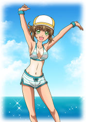 Rule 34 | 1girl, armpits, bare shoulders, bikini, breasts, brown hair, cleavage, green eyes, hat, leia rolando, midriff, navel, ocean, open mouth, short hair, swimsuit, tales of (series), tales of xillia, tan, tanline