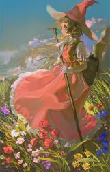 Rule 34 | 1girl, absurdres, backpack, bag, blue flower, blue sky, brown hair, cane, cloud, commentary, day, dress, floating hair, flower, frilled dress, frilled sleeves, frills, from side, full body, gloves, grass, green eyes, hat, highres, holding, holding cane, long hair, looking afar, looking ahead, meadow, neck ribbon, original, outdoors, pink dress, pink hat, poppy (flower), puffy short sleeves, puffy sleeves, red flower, ribbon, scenery, short sleeves, sky, smile, solo, standing, symbol-only commentary, tamomoko, white gloves, wind, witch hat
