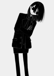 Rule 34 | 1girl, closed mouth, commentary, crossed arms, gloves, greyscale, hair between eyes, highres, jacket, long sleeves, medium hair, mole, mole under eye, monochrome, narue, necktie, original, pantyhose, shirt, simple background, skirt, solo, symbol-only commentary