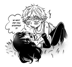 1boy 1girl after_kiss bags_under_eyes breasts chainsaw_man chibi commentary denji_(chainsaw_man) english_commentary english_text grass greyscale hetero highres mitaka_asa monochrome open_mouth sharp_teeth small_breasts sweat tank_top teeth typo wischkaa