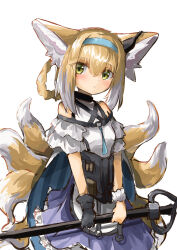 Rule 34 | 1girl, absurdres, animal ears, arknights, bare shoulders, black gloves, blue hairband, blush, braid, closed mouth, commentary, cowboy shot, dress, earpiece, fox ears, fox girl, fox tail, gloves, green eyes, hair between eyes, hairband, highres, holding, holding staff, kitsune, kyuubi, looking at viewer, multiple tails, purple dress, re iria0613, short hair, simple background, single glove, single wrist cuff, solo, staff, suzuran (arknights), tail, white background, wrist cuffs