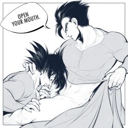 Rule 34 | 2boys, abs, bara, bottomless, dragon ball, dragon ball super, english text, erection, father and son, greyscale, imminent fellatio, incest, large pectorals, looking at penis, male focus, monochrome, multiple boys, muscular, muscular male, naked shirt, navel, pectorals, penis, powersalad2022, shirt, short hair, son gohan, son goku, spiked hair, thick thighs, thighs, yaoi