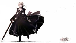 Rule 34 | 1girl, artoria pendragon (all), artoria pendragon (fate), blonde hair, boots, braid, breasts, closed mouth, excalibur morgan (fate), expressionless, fate/stay night, fate (series), flower, full body, fumio (kanmi), gothic lolita, hair between eyes, high heel boots, high heels, holding, holding sword, holding weapon, juliet sleeves, lolita fashion, long sleeves, medium breasts, puffy sleeves, saber (fate), saber alter, sidelocks, simple background, solo, standing, standing on one leg, sword, weapon, white background, white flower, wide sleeves, yellow eyes