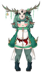 Rule 34 | 1girl, absurdres, animal ears, animal skull, bailingxiao jiu, bell, black footwear, blush, boots, bow, braid, brown bow, ear piercing, full body, green eyes, green hair, green thighhighs, hair bow, hair ornament, highres, jacket, long hair, long sleeves, looking at viewer, open mouth, original, piercing, simple background, skull on head, sleeves past fingers, sleeves past wrists, solo, standing, tears, thighhighs, thighhighs under boots, twin braids, wavy mouth, white background, white jacket