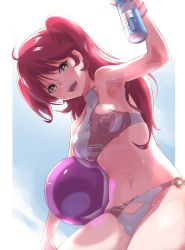 Rule 34 | 1girl, absurdres, ahoge, bad haro, bikini, blush, breasts, can, cowlick, earrings, freckles, fune (fune93ojj), gundam, gundam 00, hair between eyes, highres, holding, holding can, jewelry, looking at viewer, medium breasts, navel, nena trinity, o-ring, o-ring bikini, o-ring bottom, open mouth, red hair, sideboob, smile, solo, swimsuit, tagme, two side up, wet, yellow eyes