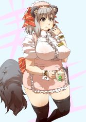 Rule 34 | 1girl, absurdres, animal ears, black thighhighs, breasts, cup, doughnut, food, highres, huge breasts, original, plump, ponytail, short hair, solo, tail, thick thighs, thighhighs, thighs, white hair, yakibuta (shimapow)