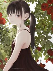 Rule 34 | 1girl, :3, absurdres, bare arms, bare shoulders, black dress, black eyes, black hair, breasts, commentary request, dress, floral background, flower, from side, highres, junito715, light smile, long hair, looking to the side, original, ponytail, red flower, red rose, rose, sidelocks, signature, sleeveless, sleeveless dress, small breasts, solo, upper body