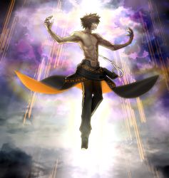 Rule 34 | 1boy, abs, archimedes (fate), arm tattoo, armpits, brown eyes, brown hair, chain, cloud, fate/extella, fate/extra, fate (series), floating, full body, game cg, highres, light rays, looking at viewer, navel, non-web source, official art, pants, photoshop (medium), shoes, sky, smirk, tattoo, teeth, wada arco