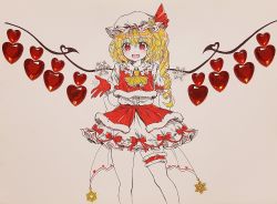 Rule 34 | 1girl, absurdres, adapted costume, ascot, back bow, blonde hair, blush, bow, collar, collared dress, crystal, dress, fang, flandre scarlet, frills, gloves, hair between eyes, hand up, hat, hat ornament, hat ribbon, heart, heart print, highres, jewelry, kaoling, looking at viewer, mob cap, one side up, open mouth, puffy short sleeves, puffy sleeves, red bow, red dress, red eyes, red gloves, red ribbon, red vest, ribbon, short hair, short sleeves, simple background, smile, snowflakes, solo, standing, star (symbol), star hat ornament, tongue, touhou, traditional media, vest, white background, white bow, white dress, white hat, wings, yellow ascot