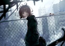 Rule 34 | 1girl, bag, bird, black hoodie, broken fence, brown eyes, brown hair, building, chain-link fence, city, closed mouth, dated, day, fence, hands in pockets, highres, hood, hood down, hoodie, long sleeves, looking at viewer, man015s, messy hair, original, outdoors, short hair, signature, solo, sparrow