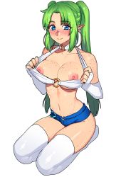 Rule 34 | 1girl, absurdres, bikini, bikini pull, bikini top only, blue eyes, blue shorts, blush, body freckles, breasts, choker, closed mouth, clothes pull, ear blush, earrings, elbow gloves, elf, emma brynhild, fingerless gloves, flashing, freckles, gloves, green hair, halterneck, highres, hoop earrings, jewelry, large breasts, long hair, looking at viewer, micro shorts, navel, nipples, nose blush, o-ring, o-ring choker, o-ring top, original, parted bangs, pointy ears, seiza, shorts, sitting, smile, solo, sunna (nilsunna), swimsuit, thighhighs, top pull, twintails, very long hair, white bikini, white choker, white gloves, white thighhighs