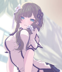 Rule 34 | 1girl, aqua eyes, arched back, arm cutout, arm strap, assault lily, black hair, black skirt, blunt bangs, blurry, blurry background, blurry foreground, blush, breasts, clothing cutout, commentary, curtains, day, depth of field, flower, flower knot, from below, groin, hair flower, hair ornament, hair over shoulder, hair scrunchie, highres, indoors, large breasts, long hair, looking at viewer, low ponytail, nari (mokemokenari), parted lips, pleated skirt, scrunchie, shirt, short sleeves, side ponytail, side slit, skirt, smile, solo, tassel, tassel hair ornament, upper body, wang yujia, white flower, white scrunchie, white shirt, window