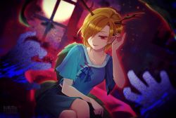 Rule 34 | 1girl, antlers, aura, bangs pinned back, banned artist, blonde hair, blue shirt, collarbone, commentary request, crossed legs, dragon horns, dragon tail, efxc, eyelashes, hair over one eye, horns, kicchou yachie, red eyes, shirt, short hair, short sleeves, sitting, solo, tail, touhou, turtle shell, watermark, window