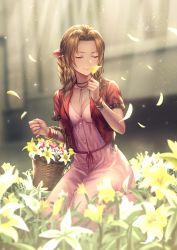 Rule 34 | 1girl, aerith gainsborough, anbe yoshirou, basket, blurry, blurry background, bracelet, braid, breasts, brown hair, church, cleavage, closed eyes, closed mouth, collarbone, commentary request, dress, final fantasy, final fantasy vii, flower, hand up, highres, holding, indoors, jacket, jewelry, light particles, lips, long hair, medium breasts, necklace, parted bangs, petals, pink dress, red jacket, short sleeves, sitting, solo, square enix, zipper